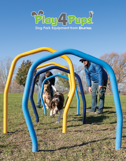 Dogs playing with Burke dog park equipment